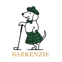 Barkenzie logo featuring an elegant dachshund in Scottish attire with a green tartan kilt and gold lettering.